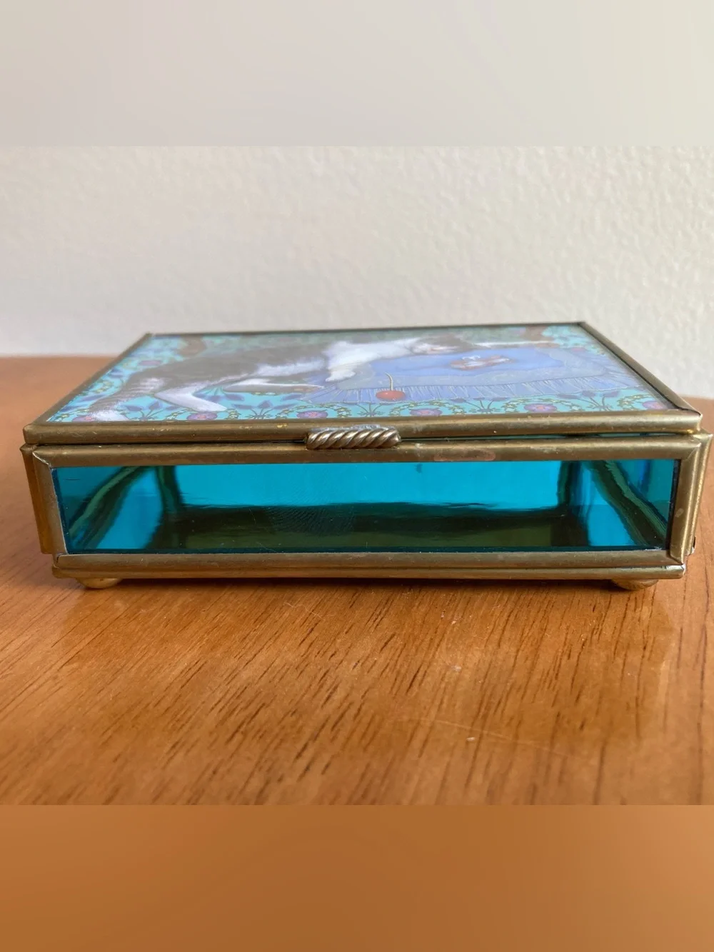 Glass jewelry box with cat illustration